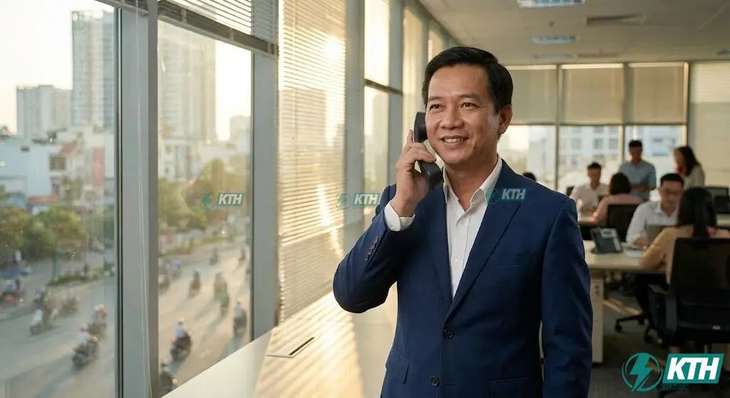 Kỹ sư KTH Electric tư vấn báo giá lắp đặt tổng đài điện thoại cho văn phòng hiện đại tại TPHCM năm 2025.