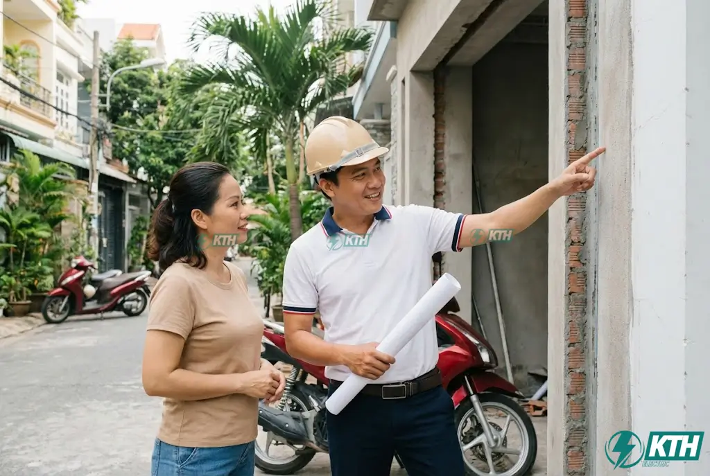 Kỹ sư xây dựng KTH Electric đang khảo sát hiện trạng và tư vấn báo giá sửa nhà miễn phí cho khách hàng.