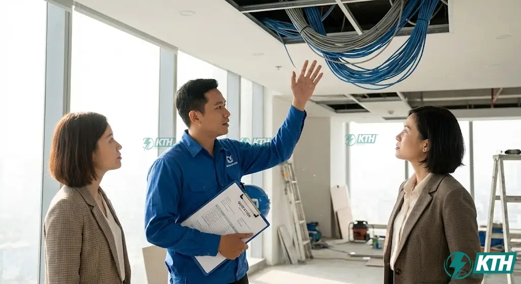 Báo Giá Thi Công Mạng LAN 2025: Bảng Giá Vật Tư & Nhân Công 1 Kỹ sư KTH Electric đang khảo sát thực tế và tư vấn báo giá thi công mạng LAN trọn gói cho văn phòng doanh nghiệp tại TPHCM.