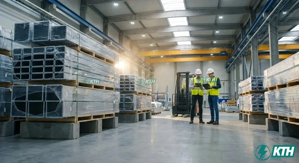 Quy trình bảo quản thanh dẫn điện Busway trên pallet gỗ cách ly mặt đất tại kho công trường để tránh ẩm mốc