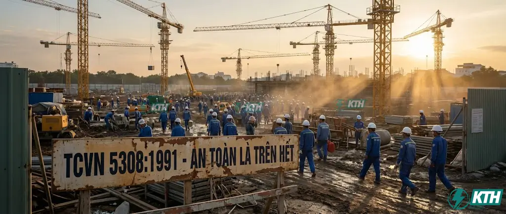 Bảng nội quy an toàn lao động và biển báo TCVN 5308:1991 tại cổng công trường xây dựng, thể hiện quy định bắt buộc về bảo hộ lao động và an toàn thi công.