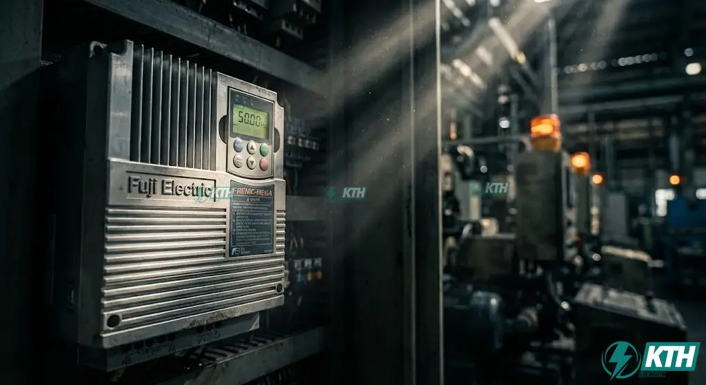 Biến tần Fuji MEGA (FRENIC-MEGA) chính hãng lắp đặt trong tủ điện công nghiệp tải nặng với màn hình hiển thị tần số 50Hz.