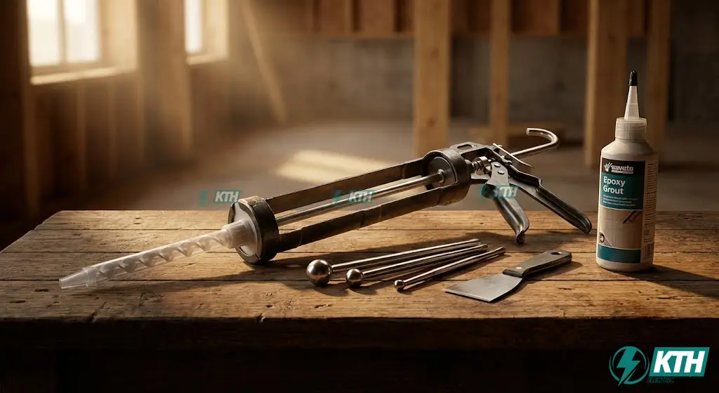 Thi Công Keo Ron Gạch Hai Thành Phần: Quy Trình 5 Bước Chuẩn 2025 2 Trọn bộ dụng cụ thi công keo ron gạch chuyên dụng gồm súng bắn keo hai nòng, vòi trộn xoắn ốc, bi cầu vét ron và dao sủi keo thừa.