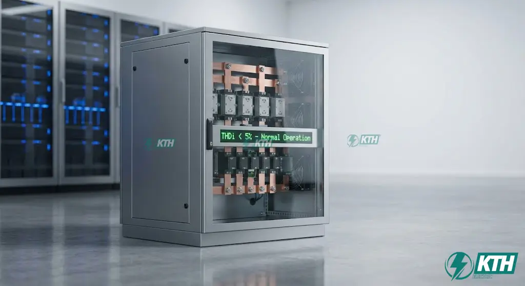 Tủ bộ lọc sóng hài tích cực (AHF) hiện đại đang hoạt động trong phòng kỹ thuật sạch, hiển thị chỉ số THDi dưới 5%.