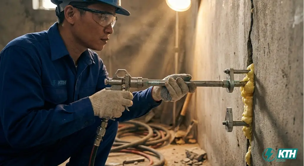Kỹ thuật thợ thi công bơm keo PU trương nở áp lực cao xử lý vết nứt rò rỉ nước tại vách tầng hầm