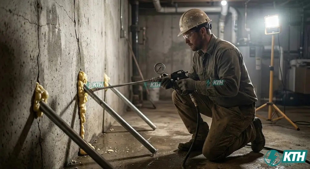 Kỹ thuật bơm keo PU trương nở áp lực cao xử lý vết nứt rò rỉ nước tại tầng hầm.