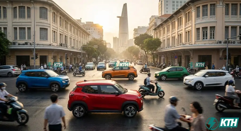 Cảnh đường phố TP.HCM năm 2025 bùng nổ với hàng loạt xe ô tô điện VinFast VF3 và xe máy điện, minh họa cho xu hướng thị trường tăng trưởng mạnh mẽ.