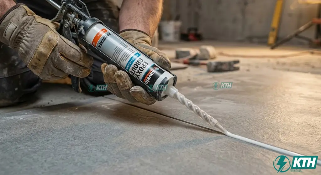 Hướng dẫn kỹ thuật sử dụng súng bắn keo chà ron hai thành phần nghiêng góc 45 độ để keo lấp đầy khe gạch chuẩn xác nhất.