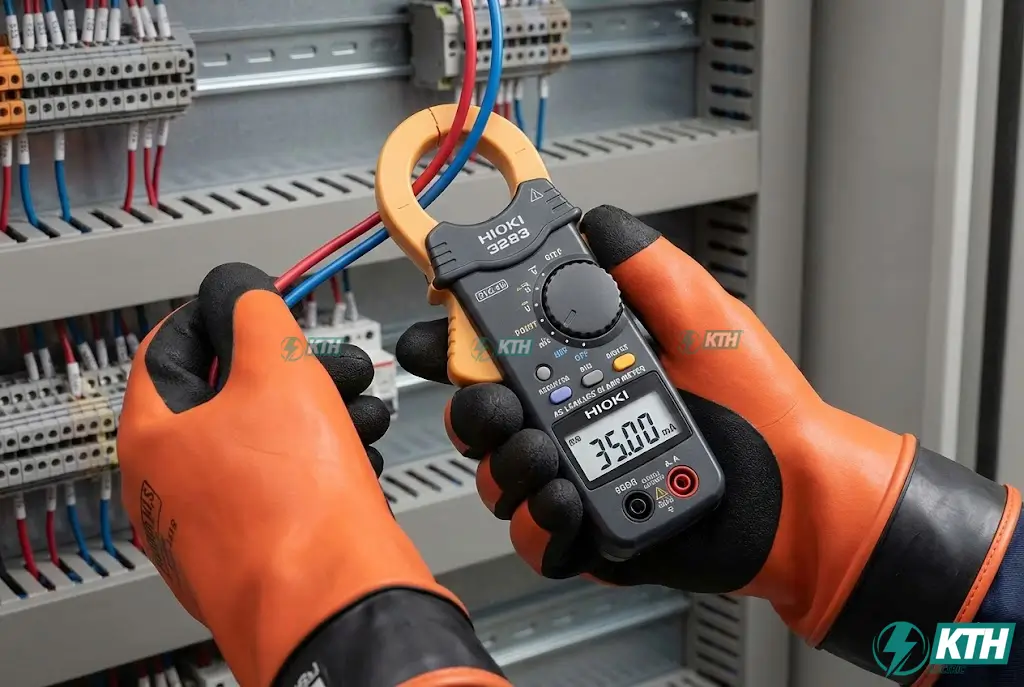 Hướng dẫn đo dòng rò bằng ampe kìm kẹp cùng lúc dây pha và trung tính để phát hiện rò rỉ.