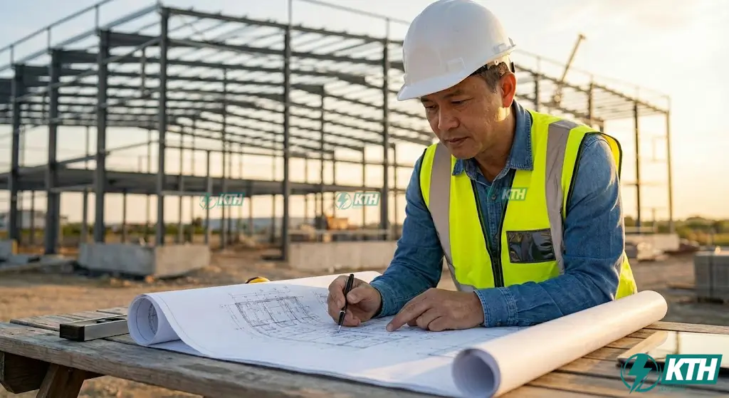 Kỹ sư hướng dẫn cách đọc bản vẽ kết cấu thép nhà xưởng và kiểm tra chi tiết móng bu lông neo tại công trường.