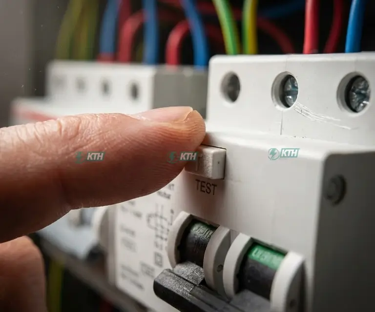 Hướng dẫn cách nhấn nút Test trên aptomat chống giật (ELCB/RCBO) để kiểm tra khả năng ngắt điện an toàn khi có sự cố rò rỉ.