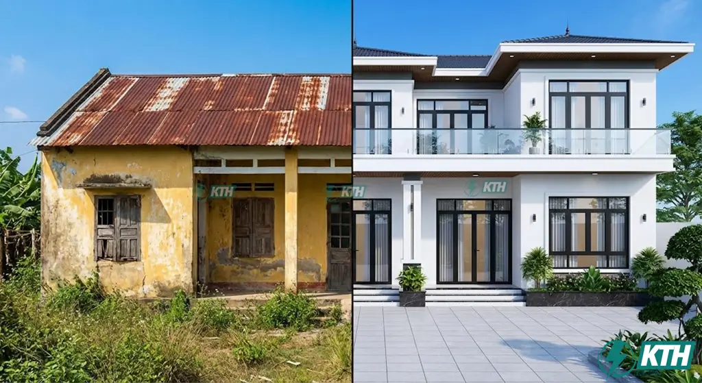 So sánh hình ảnh trước và sau khi cải tạo nhà cấp 4 cũ thành nhà lầu mái bằng hiện đại tại Đức Hòa.