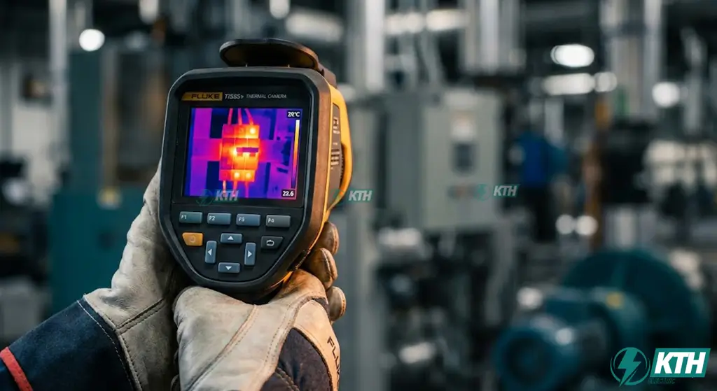 Cận cảnh màn hình camera nhiệt Fluke TiS55+ hiển thị điểm nóng rõ nét với độ phân giải 256x192 pixels giúp phát hiện sự cố điện.
