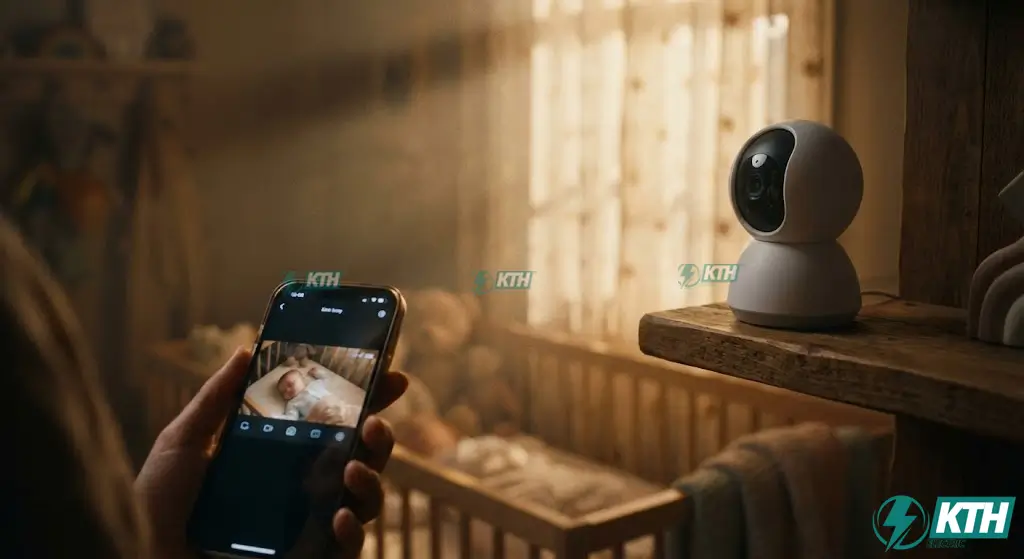 Phụ huynh sử dụng camera trông trẻ có tính năng đàm thoại 2 chiều để giám sát em bé đang ngủ qua điện thoại, hình ảnh ấm áp.