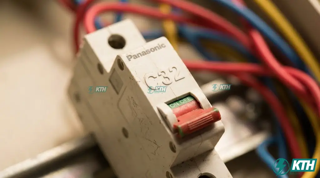 Cận cảnh aptomat MCB C32 Panasonic chính hãng hiển thị thông số dòng định mức và cần gạt đóng ngắt an toàn.