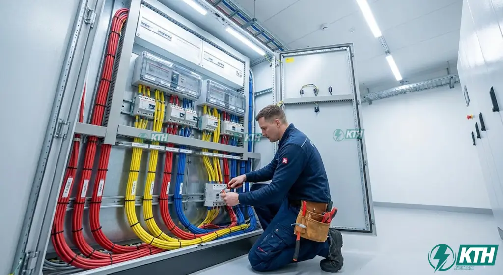 Kỹ thuật viên thực hiện cân đảo pha và sắp xếp lại phụ tải trong tủ điện phân phối MSB để khắc phục lệch pha.