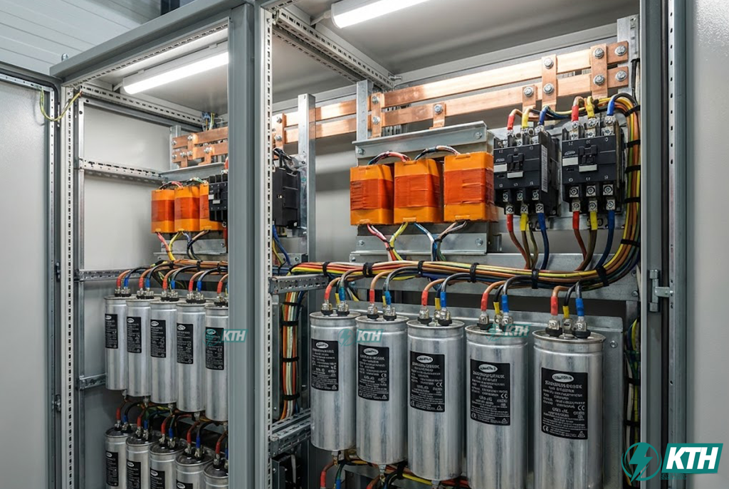 Cấu tạo bên trong tủ tụ bù hạ thế gồm tụ dầu, cuộn kháng lọc hài và contactor chuyên dụng được đấu nối chuẩn kỹ thuật.