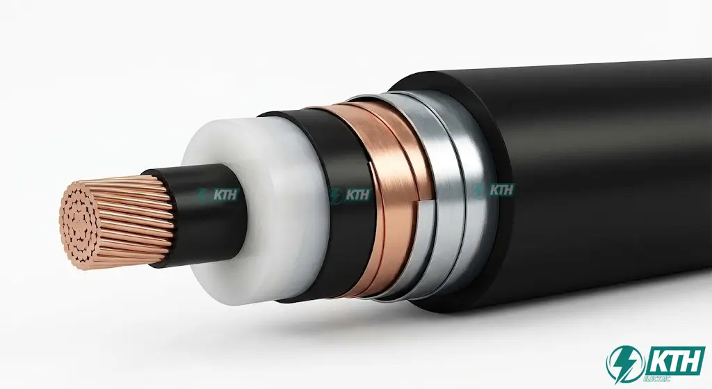 Sơ đồ mặt cắt cấu tạo cáp ngầm trung thế 24kV CXV/DSTA với 7 lớp chi tiết gồm lõi đồng, cách điện XLPE và giáp băng thép.