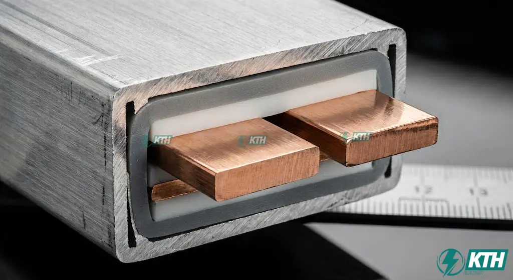 Cấu tạo mặt cắt ngang thanh cái Busway kiểu Sandwich với vỏ hợp kim nhôm bao bọc các thanh dẫn đồng và lớp cách điện Epoxy.