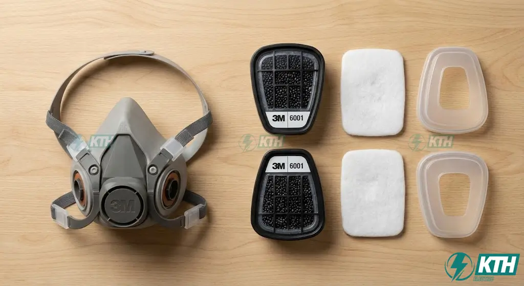 Cấu tạo chi tiết bộ mặt nạ phòng độc 3M 6200 gồm phin lọc than hoạt tính 6001 và bông lọc bụi 5N11.
