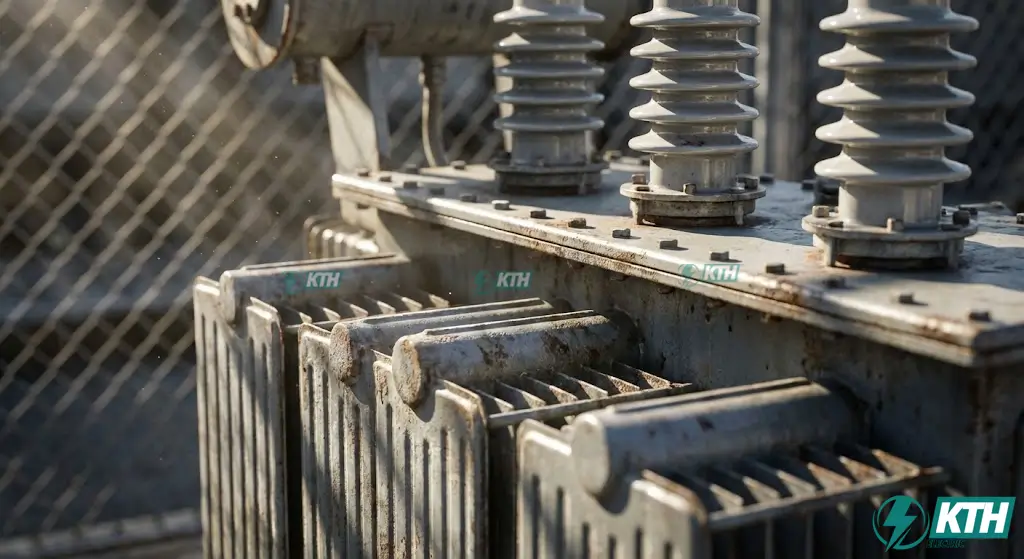 Cấu tạo chi tiết máy biến áp dầu 3 pha với hệ thống cánh tản nhiệt và sứ cách điện cao thế.