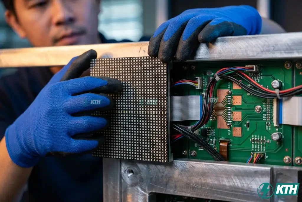 Bảng Hiệu Thông Minh Digital Signage & Màn Hình LED Tương Tác 2 Kỹ thuật viên KTH Electric đang lắp đặt module màn hình LED P2.5 Indoor với cấu tạo vi mạch chi tiết và độ phân giải cao.