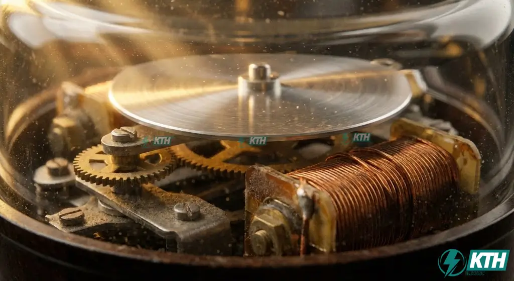 Cấu tạo bên trong công tơ điện cơ gồm cuộn dây dòng điện, cuộn áp và đĩa nhôm cảm ứng từ.