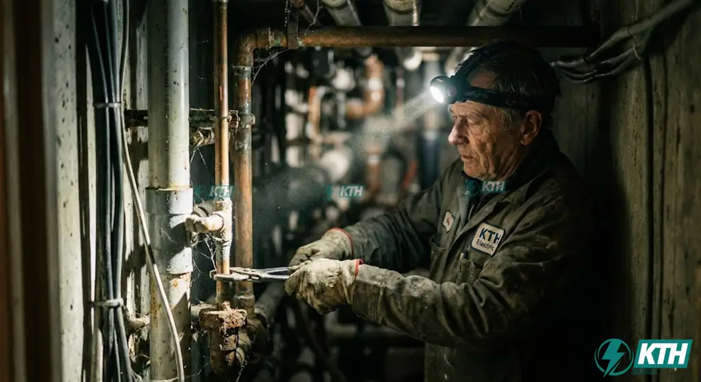 Kỹ thuật viên KTH Electric đang kiểm tra hệ thống đường ống dày đặc bên trong trục kỹ thuật hộp gen tòa nhà cao tầng để tìm điểm rò rỉ nước, nơi có không gian chật hẹp.