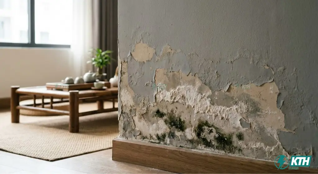 Chân tường nhà bị thấm nước gây bong tróc sơn và nấm mốc đen cần xử lý chống thấm gấp.