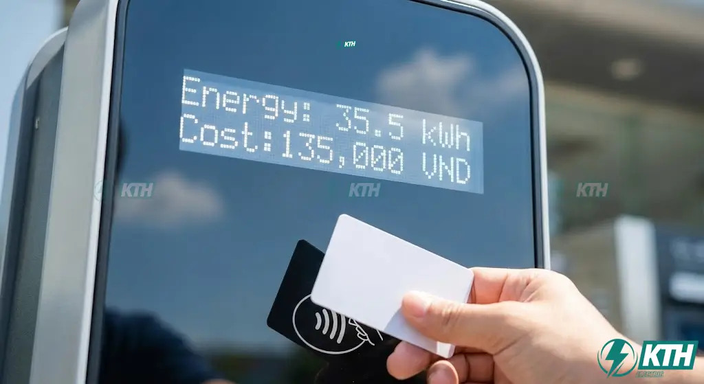 Trạm Sạc Gần Đây: 3 Cách Tìm, Giá Sạc & Lưu Ý An Toàn 2025 5 Màn hình LCD của trụ sạc hiển thị số kWh điện năng tiêu thụ và chi phí sạc xe điện thực tế tại trạm công cộng.