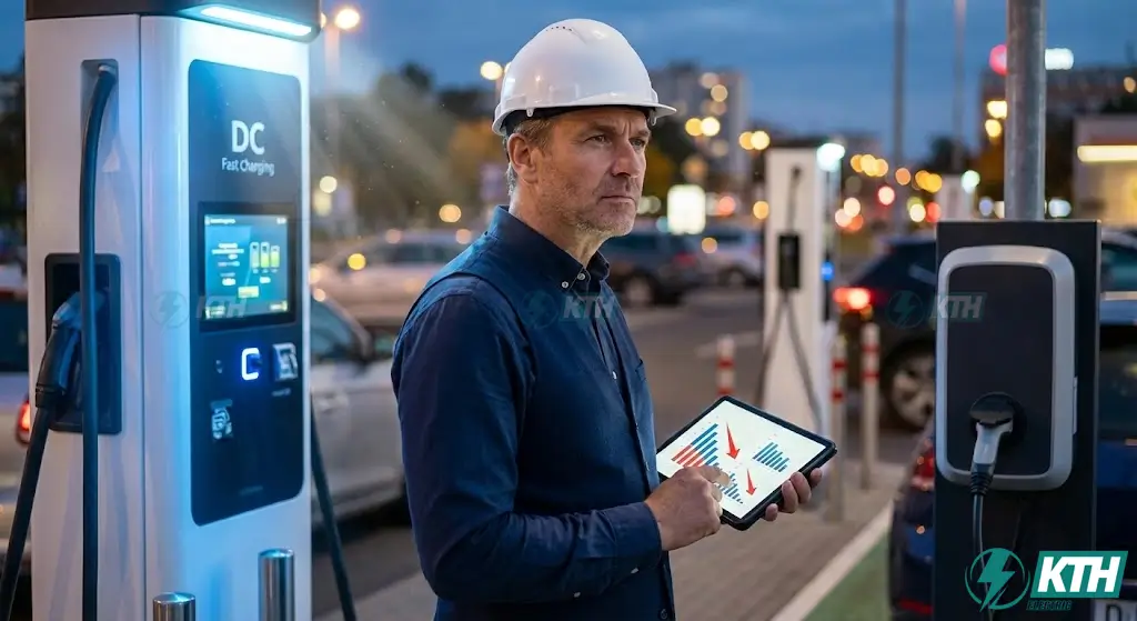 Chi Phí Vận Hành Trạm Sạc EV 2025: Bảng Tính Lãi Lỗ Chi Tiết 1 Kỹ sư vận hành đang phân tích bảng tính chi phí vận hành trạm sạc EV hàng tháng, so sánh giữa trụ sạc nhanh DC và sạc chậm AC tại một trạm sạc công cộng vào buổi tối.