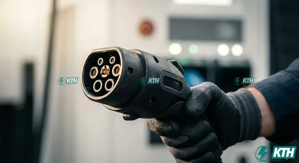 Trạm Sạc Xe Điện Là Gì? Phân Biệt AC/DC & Chi Phí Lắp Đặt 2025 3 Cận cảnh đầu súng sạc xe điện chuẩn CCS2 và Type 2, kiểm tra kỹ thuật các chân tiếp xúc để đảm bảo quy trình sạc an toàn.