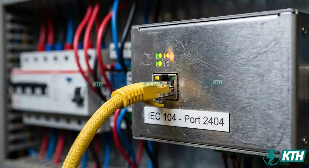 Cổng kết nối Ethernet RJ45 trên thiết bị RTU sử dụng giao thức IEC 60870-5-104 với Port mặc định 2404.