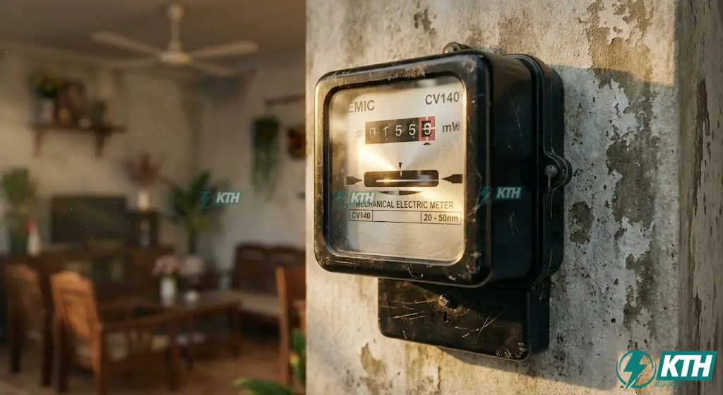 Công tơ cơ khí Emic CV140 chính hãng 1 pha 2 dây lắp đặt trên tường nhà dân dụng.
