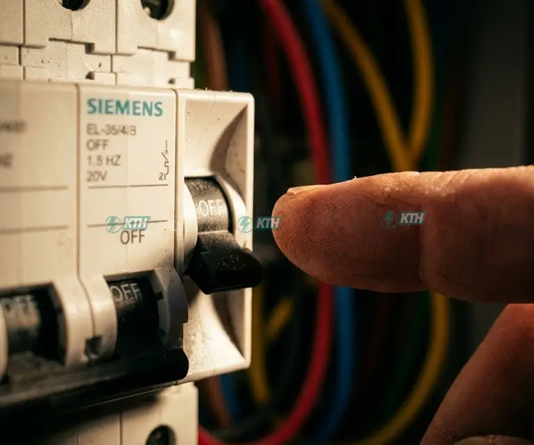 Quá Tải Điện Mùa Nắng Nóng: Dấu Hiệu & Cách Phòng Tránh (2025) 3 Cận cảnh Aptomat (CB) bị nhảy xuống vị trí OFF, dấu hiệu cảnh báo hệ thống điện đang bị quá tải hoặc ngắn mạch cần xử lý ngay.