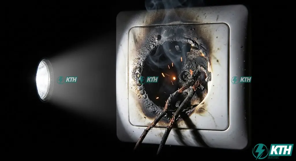 Hình ảnh ổ cắm điện bị chập cháy đen và bốc khói - dấu hiệu nguy hiểm cần gọi thợ sửa điện gấp.