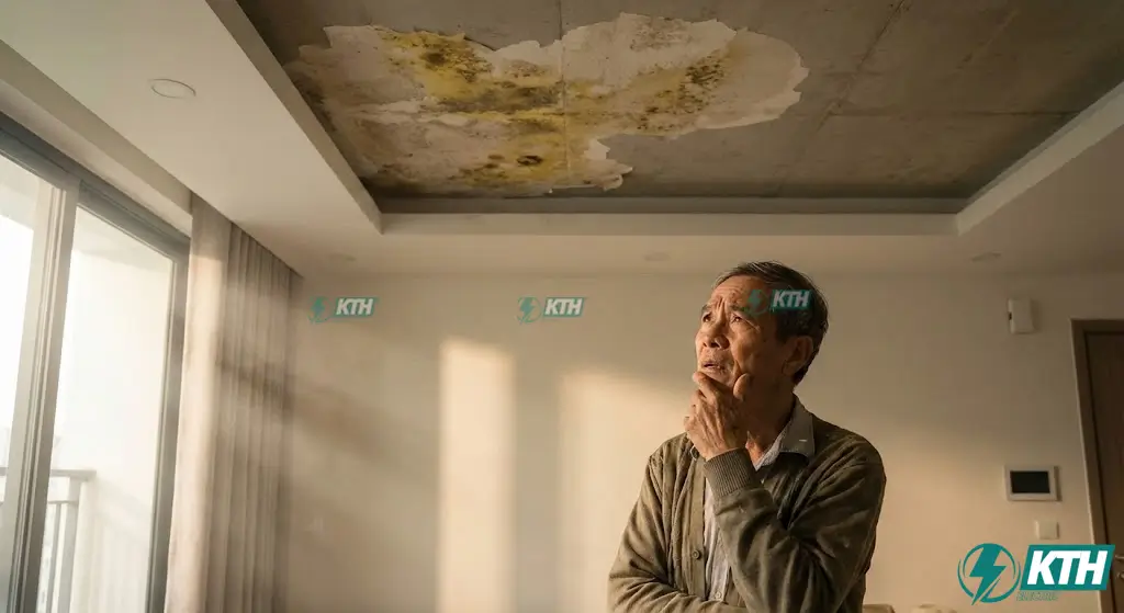 Trần nhà bị thấm nước ố vàng và bong tróc sơn do rò rỉ từ nhà vệ sinh tầng trên cần xử lý chống thấm ngay