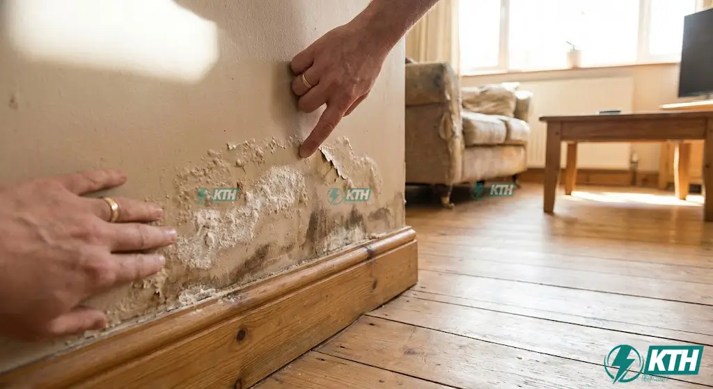 Tổng Hợp 5 Vị Trí Rò Rỉ Nước Nhà Phố & Quy Trình Thử Áp Lực (ISO) 4 Dấu hiệu tường nhà bị thấm nước ngược từ nền gây bong tróc sơn và xuất hiện vết ố mốc muối trắng ở chân tường