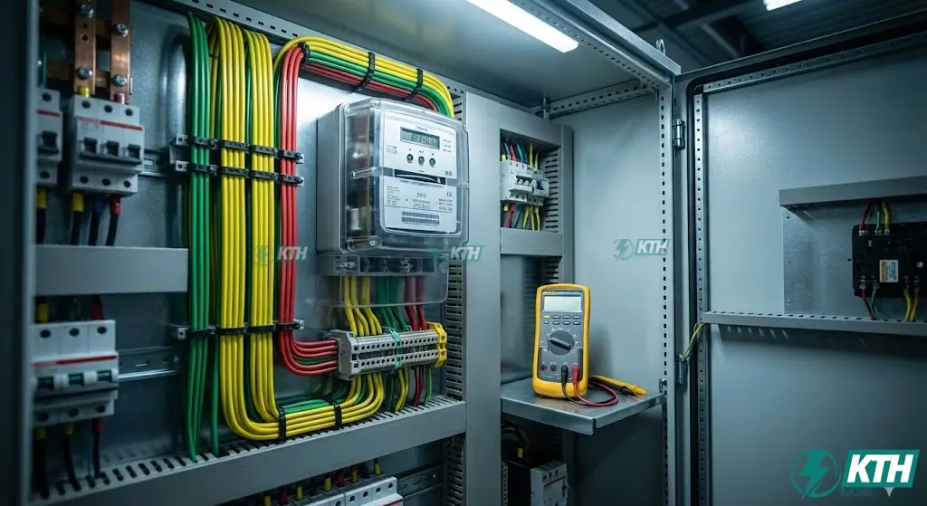 Hình ảnh đấu nối công tơ điện 3 pha trực tiếp trong tủ điện công nghiệp với dây dẫn được đi gọn gàng, đúng màu pha.