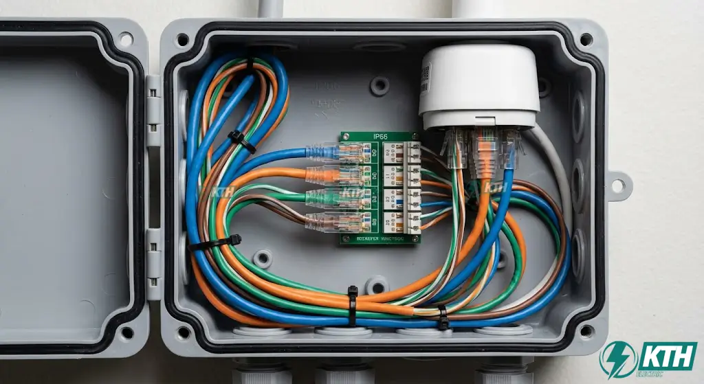 Cận cảnh cách đấu nối dây cáp mạng và nguồn trong hộp kỹ thuật camera quan sát chống nước.