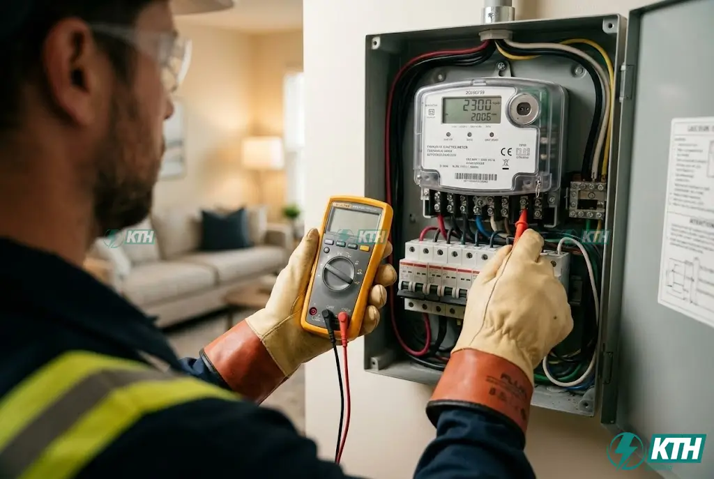 Thủ Tục Lắp Trạm Sạc Xe Điện Tại Nhà: Hướng Dẫn Kỹ Thuật & Pháp Lý 4 Kỹ sư điện kiểm tra đấu nối công tơ điện 3 pha và hệ thống aptomat để nâng công suất sạc xe điện tại nhà.