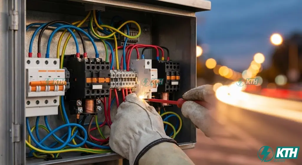 Thi Công Chiếu Sáng Hạ Thế: Biện Pháp & Báo Giá 2025 6 Kỹ thuật đấu nối tủ điện điều khiển chiếu sáng và lắp đặt Aptomat nhánh tại cửa cột.