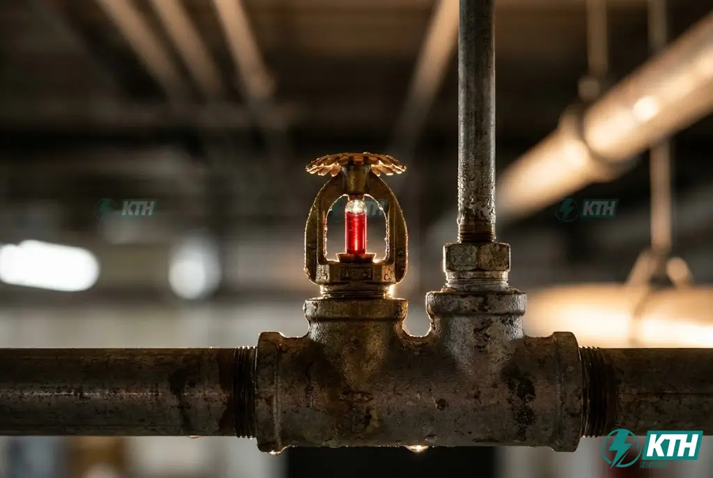 Lắp Đặt Hệ Thống PCCC Trọn Gói: Báo Giá & Quy Trình Chuẩn TCVN 2025 3 Cận cảnh đầu phun Sprinkler chữa cháy tự động kích hoạt ở nhiệt độ 68 độ C trong hệ thống PCCC vách tường.