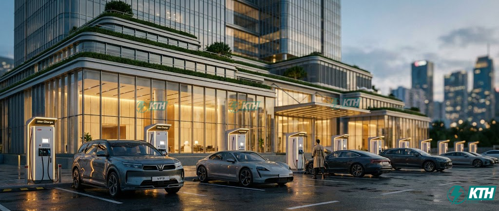 Đầu tư trạm sạc xe điện tại tòa nhà văn phòng cao cấp ở TP.HCM với các dòng xe điện hiện đại đang sạc vào buổi tối.