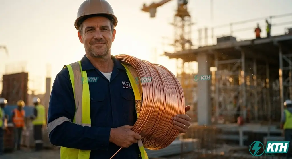 Kỹ sư điện KTH Electric chuyên nghiệp đang kiểm tra chất lượng dây dẫn điện lõi đồng nguyên chất đảm bảo an toàn cho hệ thống điện nhà ở và công nghiệp.