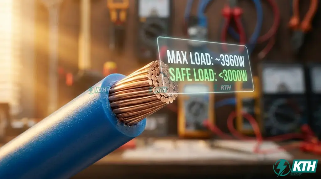 Ảnh chụp cận cảnh thực tế dây điện 3.0mm² hiển thị công suất chịu tải tối đa 3960W và mức an toàn dưới 3000W.
