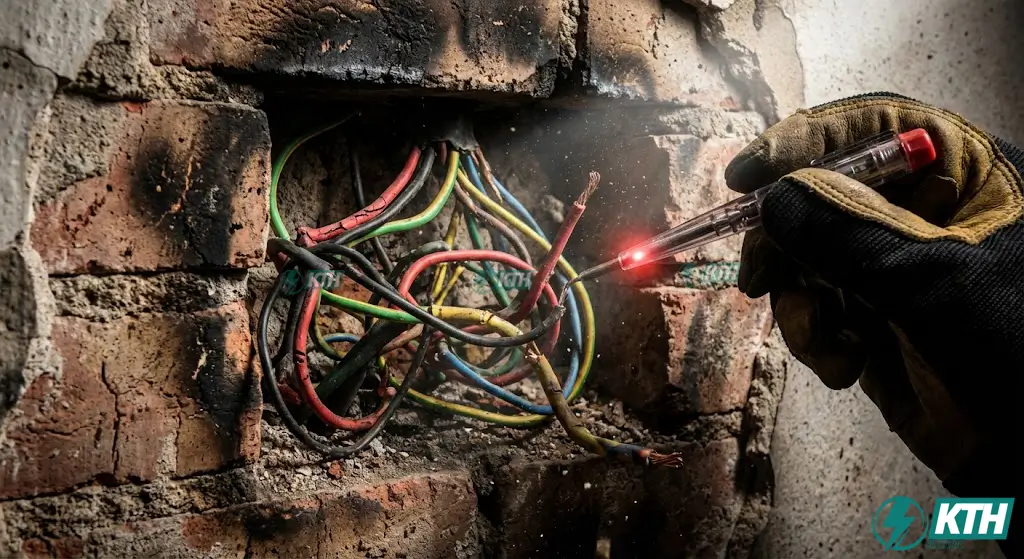 Dây điện cũ đi âm tường bị lão hóa vỏ cách điện và quá tải gây nguy cơ chập cháy nổ cao trong nhà phố cũ.