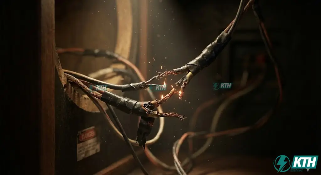 Hình ảnh dây loa đấu nối sai quy cách gây chập cháy và đoản mạch nguy hiểm cho hệ thống điện.