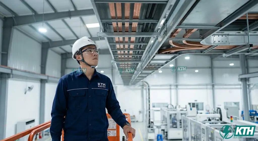 Kỹ sư KTH Electric thực hiện quy trình bảo trì hệ thống busway trên cao tại nhà máy công nghiệp đảm bảo an toàn điện.
