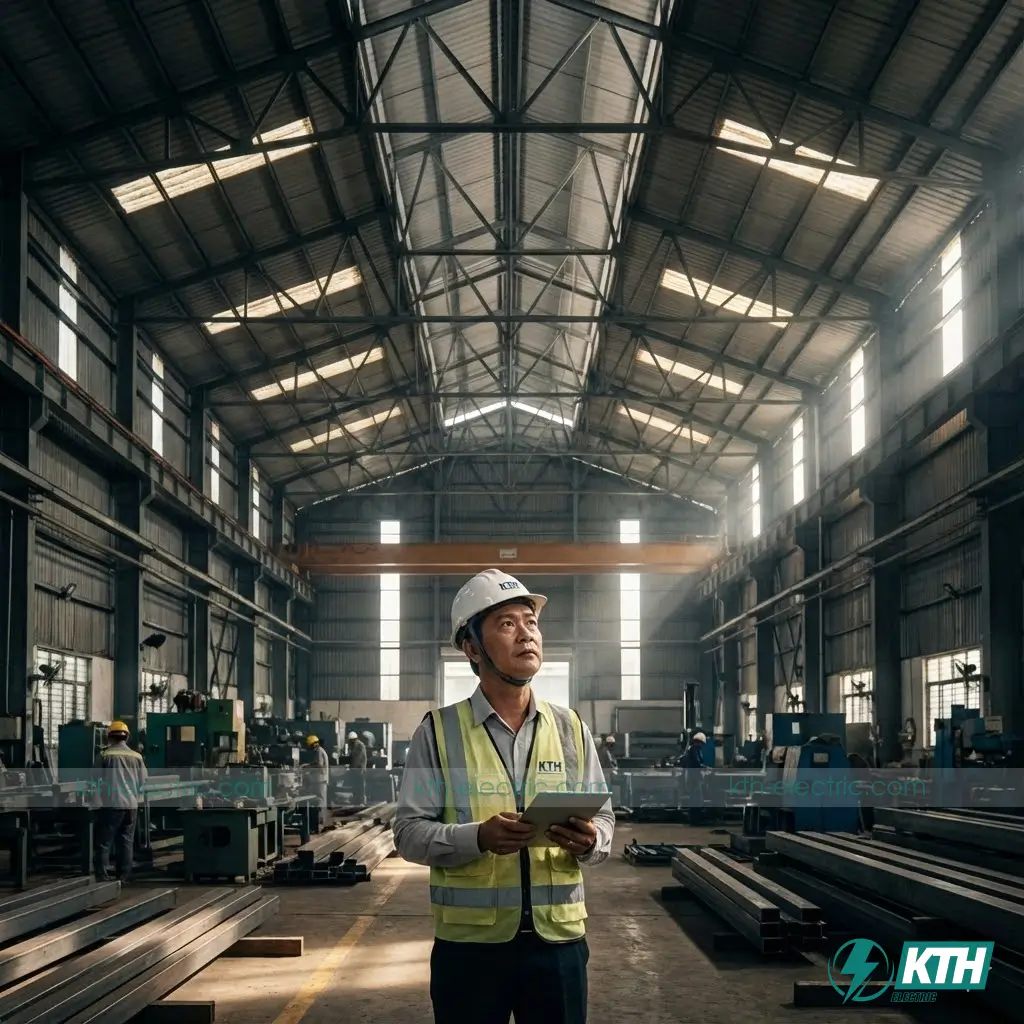 Kỹ sư trưởng của KTH Electric đang quan sát tổng thể hệ khung kèo thép tại một nhà xưởng công nghiệp quy mô lớn để đánh giá an toàn kết cấu.